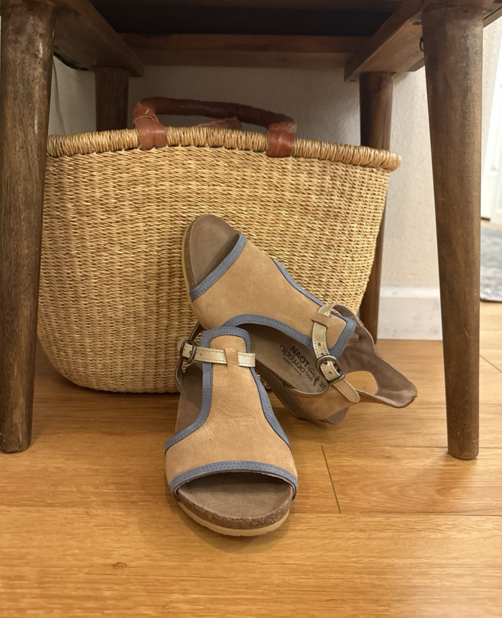 NAOT Fiona Wedge Ankle Strap Leather Sandals Tan Blue Leather Size 37 US 7